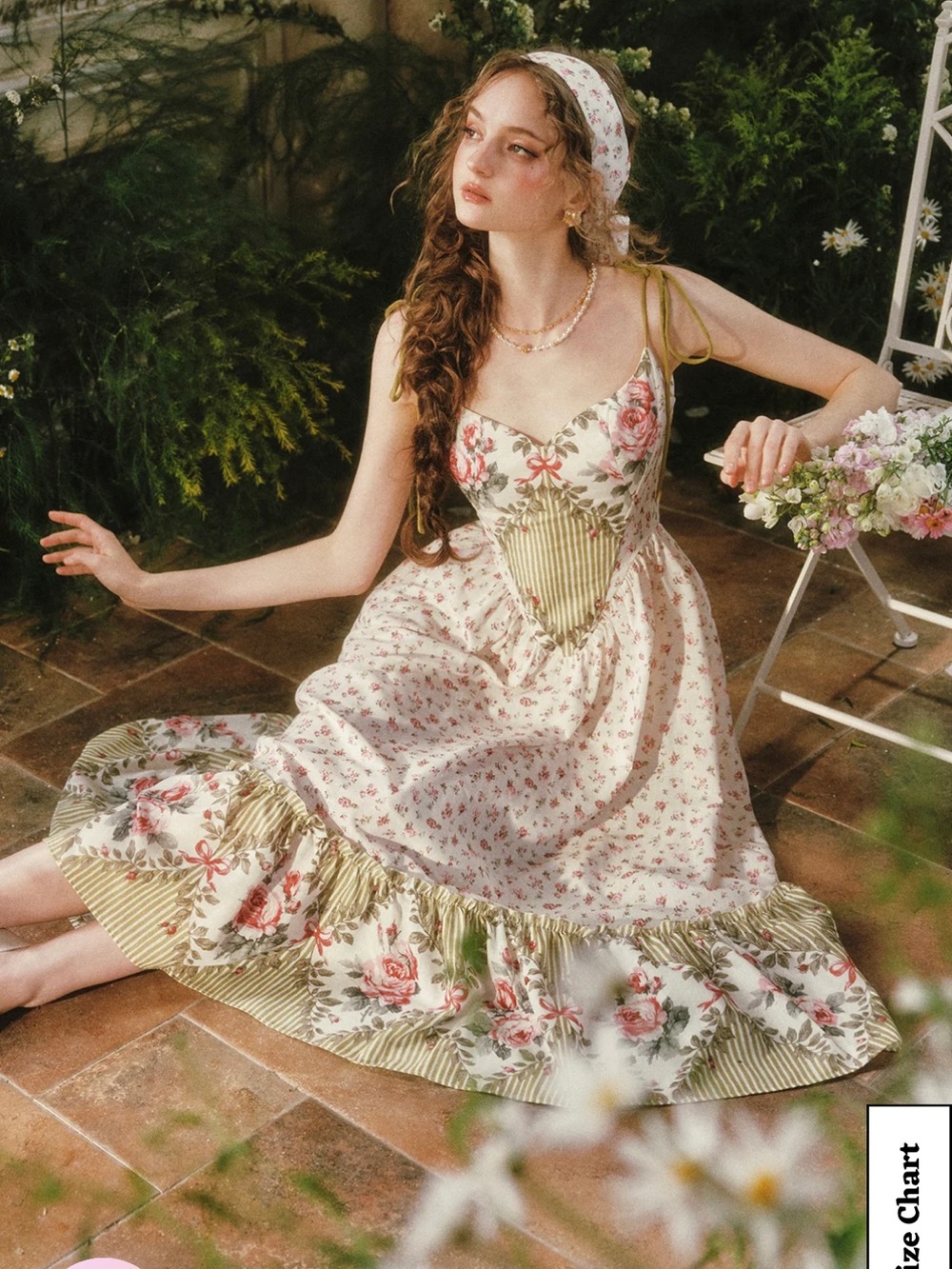 Vintage-Inspired Floral Midi Dress with Pink Roses - White/Pink - Picture 2 of 9